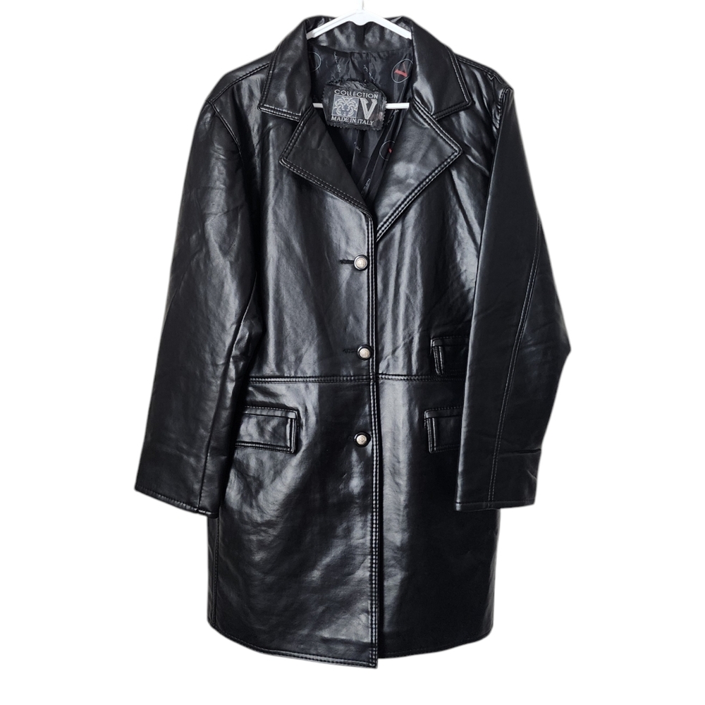 COLLECTION V x VINTAGE Leather Trench Medusa head logo buttons in black leather‎